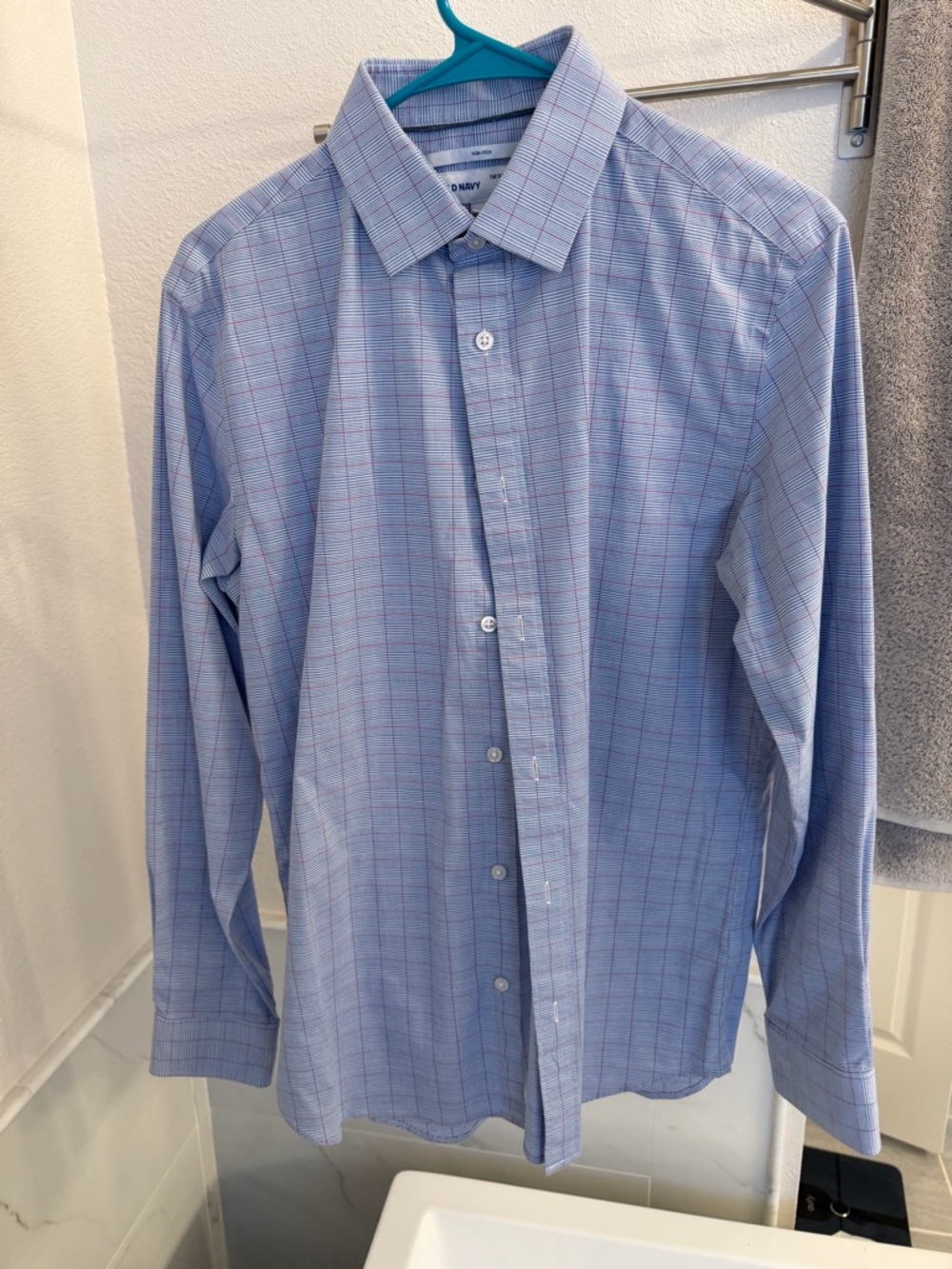 Old Navy Men's Blue Plaid Dress Shirt with Pink Accents